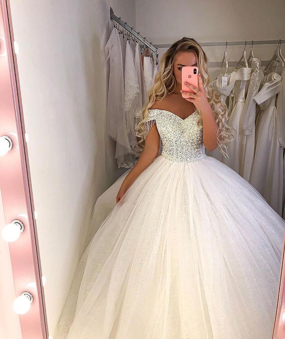 Elegant Long Ball Gown Sequin Off the Shoulder Tulle Wedding Dress
