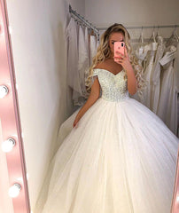 Elegant Long Ball Gown Sequin Off the Shoulder Tulle Wedding Dress