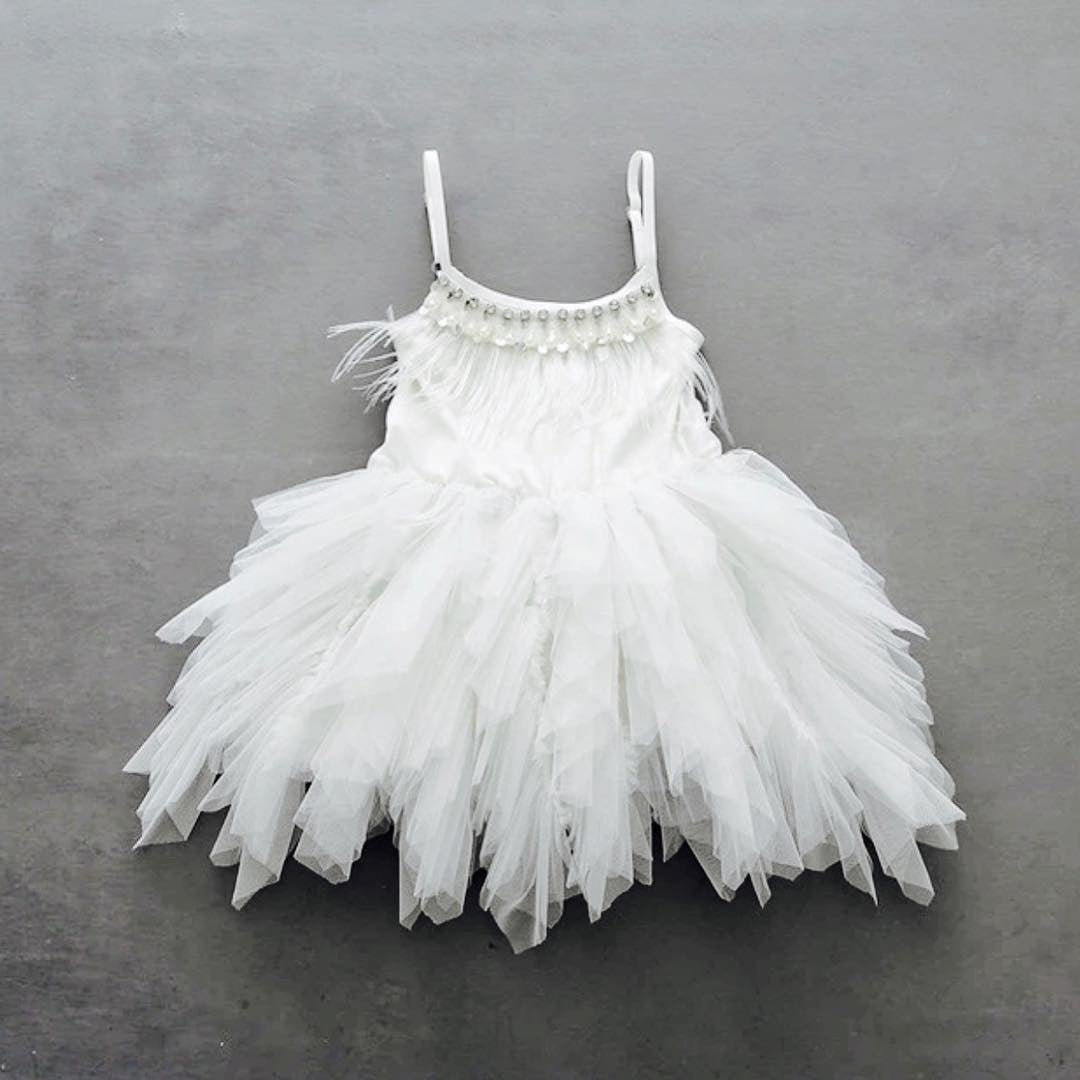 Cute A-line Tea Length Spaghetti Straps Feather Flower Girl Dresses