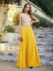 Elegant Long A-line Chiffon Sleeveless Tulle Lace Appliques Prom Dress