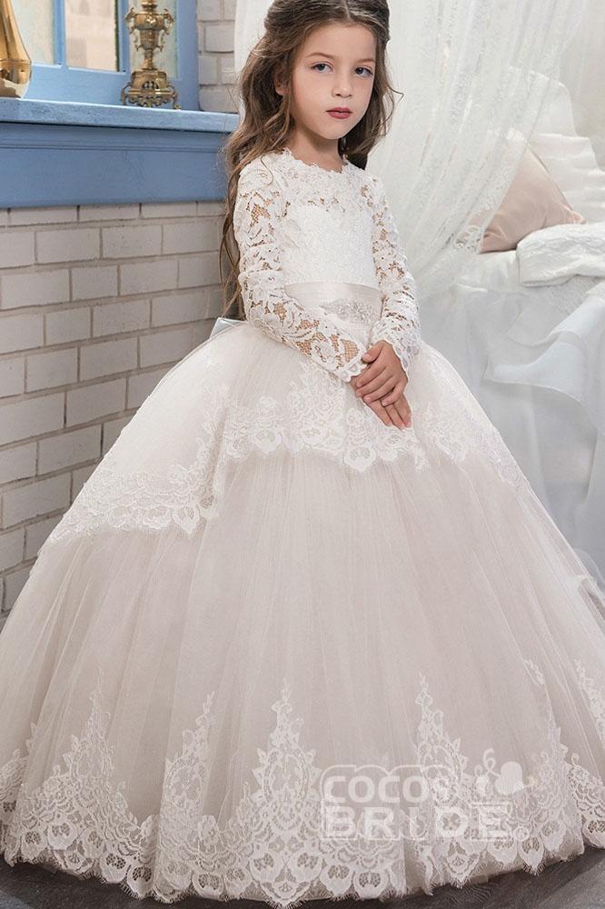 Long Scoop Neck Ball Gown Flower Girl Dress with Long Sleeves