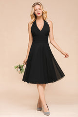 Simple Black Deep V-neck Halter Backless Knee-length Chiffon A-Line Bridesmaid Dress