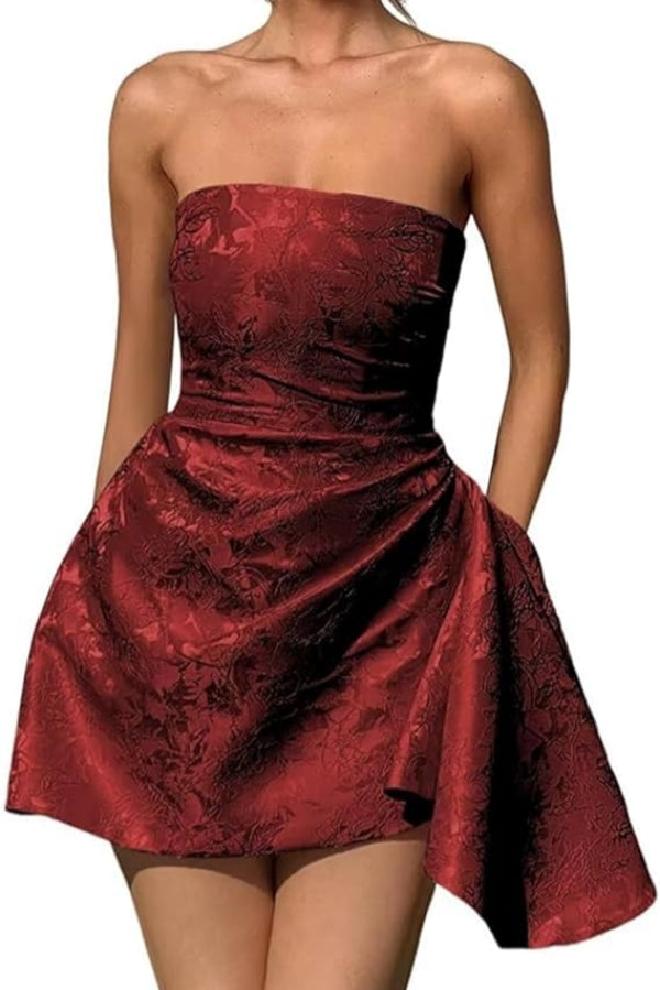 Elegant Short A-line Strapless Ruffle Jacquard Satin Homecoming Dress