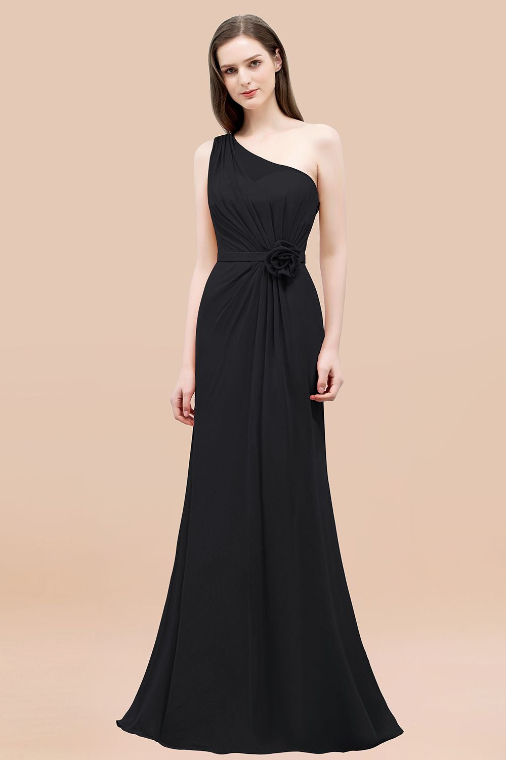 Mermaid Chiffon One Shoulder Sleeveless Ruffled Floor Length Bridesmaid Dresses with Flower