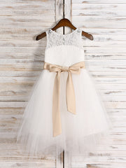 Short A-line Tea Length Tulle Lace First Communion Flower Girl Dresses