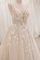 Long V-Neck Backless Tulle Appliques Lace A-Line Wedding Dresses with Ruffles