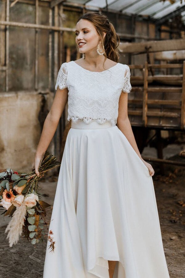 A-line Satin Lace High Low Two Piece Wedding Dress with Short Sleeve