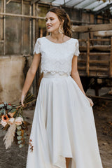 A-line Satin Lace High Low Two Piece Wedding Dress with Short Sleeve