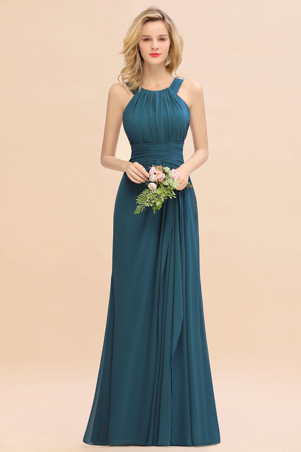 Long A-line Halter Chiffon Backless Floor Length Bridesmaid Dresses