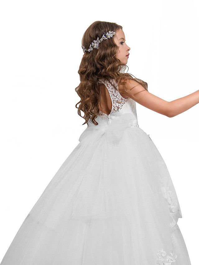 Princess Pageant Lace Tulle Sleeveless Jewel Neck Flower Girl Dresses