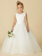 Long A-line Tulle Sleeveless Jewel Neck Satin First Communion Flower Girl Dresses