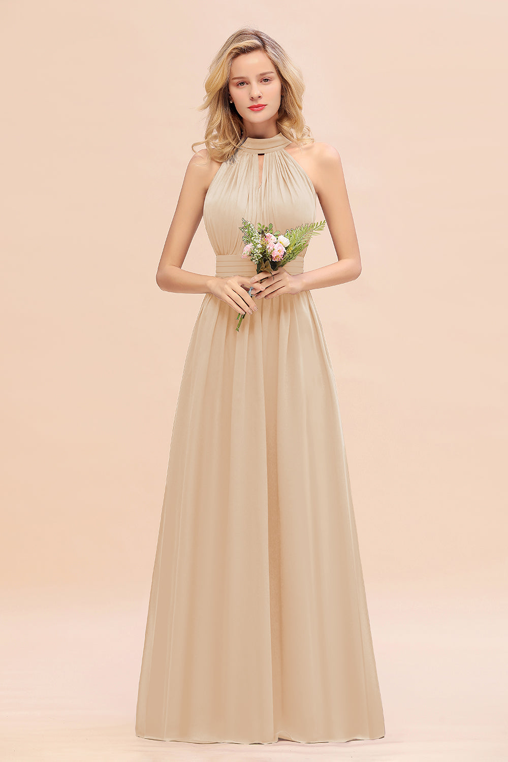 Dusty Sage Long High Neck Chiffon Bridesmaid Dresses with Ruffle