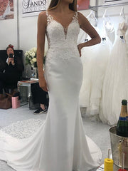 Long Mermaid V-neck Spaghetti Strap Court Train Sleeveless Wedding Dresses