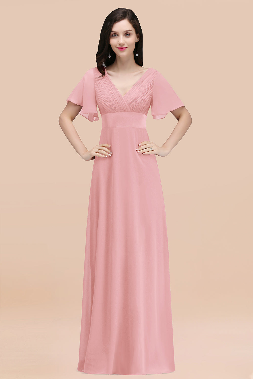 Simple A-Line Chiffon V-Neck Short Sleeves Ruffles Floor Length Bridesmaid Dresses