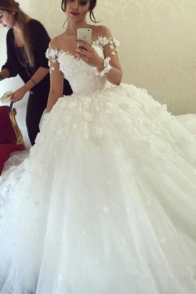 Ball Gown Sweetheart Long Sleeves Tulle Wedding Dresses with Flowers