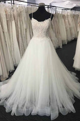 Sweetheart A-line Tulle Long White Lace Wedding Dress