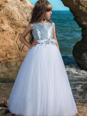 Long Ball Gown Floor Length Sequin Tulle Party Flower Girl Dresses