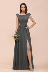 Long A-line Off the Shoulder Ruffle Steel Grey Bridesmaid Dress with Slit