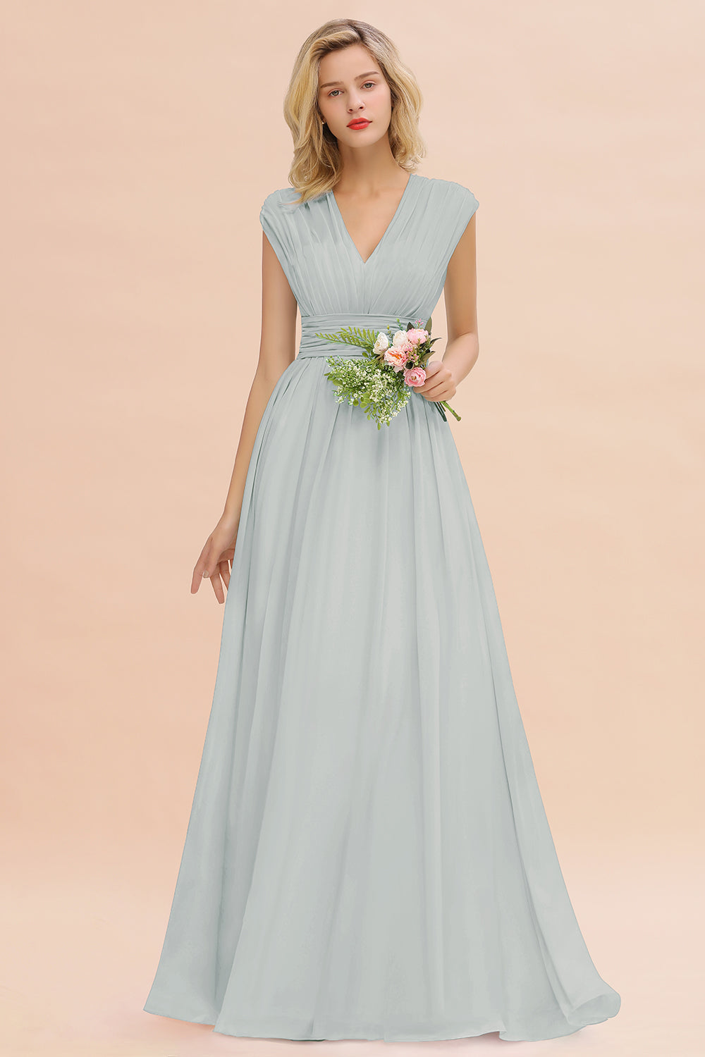 Chiffon V-Neck Sleeveless Elegant A-line Ruffles Bridesmaid Dress