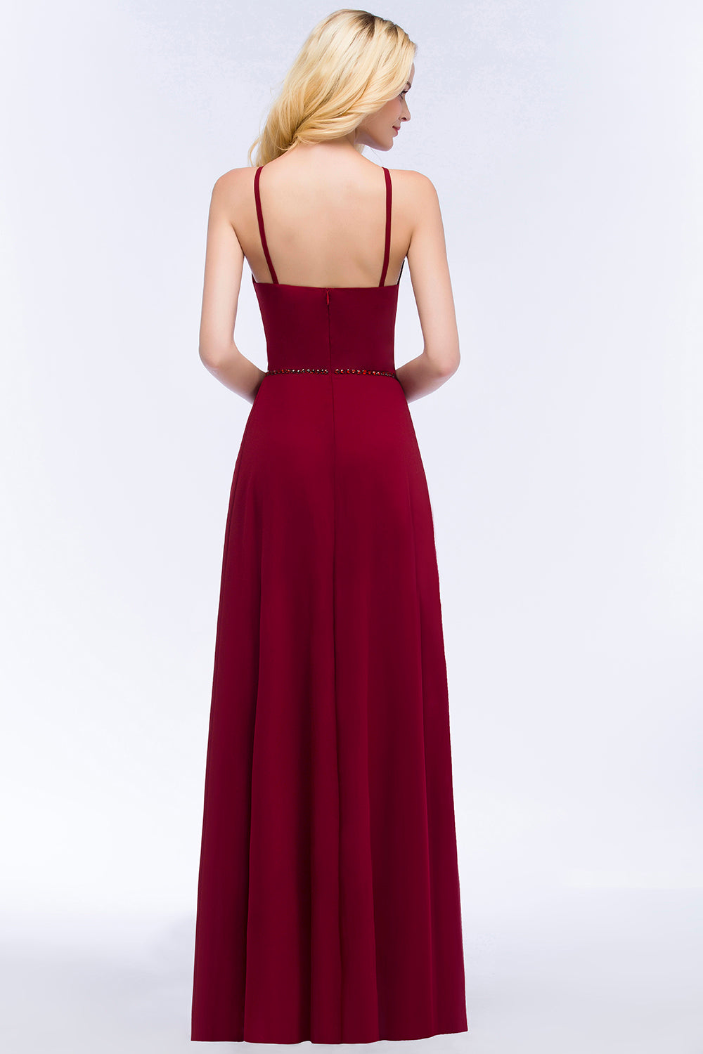 Simple A-Line Chiffon Spaghetti Straps Sleeveless Bridesmaid Dresses with Beading Sash