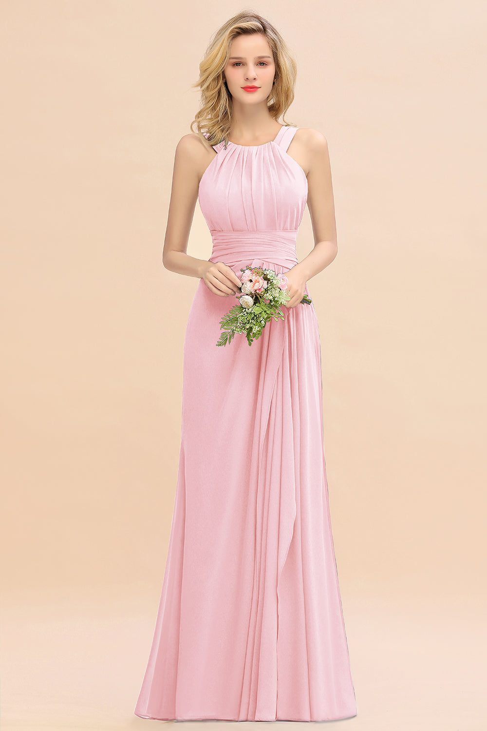 Long A-line Halter Chiffon Backless Floor Length Bridesmaid Dresses