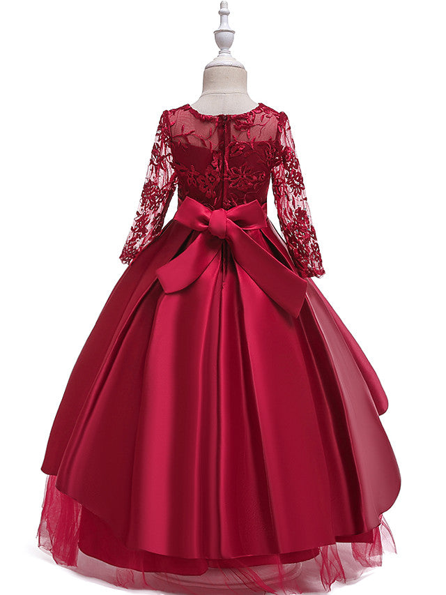 Long Ball Gown Satin Tulle Flower Girl Dresses with Sleeves