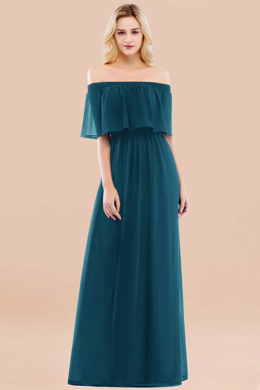A-line Chiffon Off the Shoulder Short Sleeves Ruffles Floor Length Bridesmaid Dress