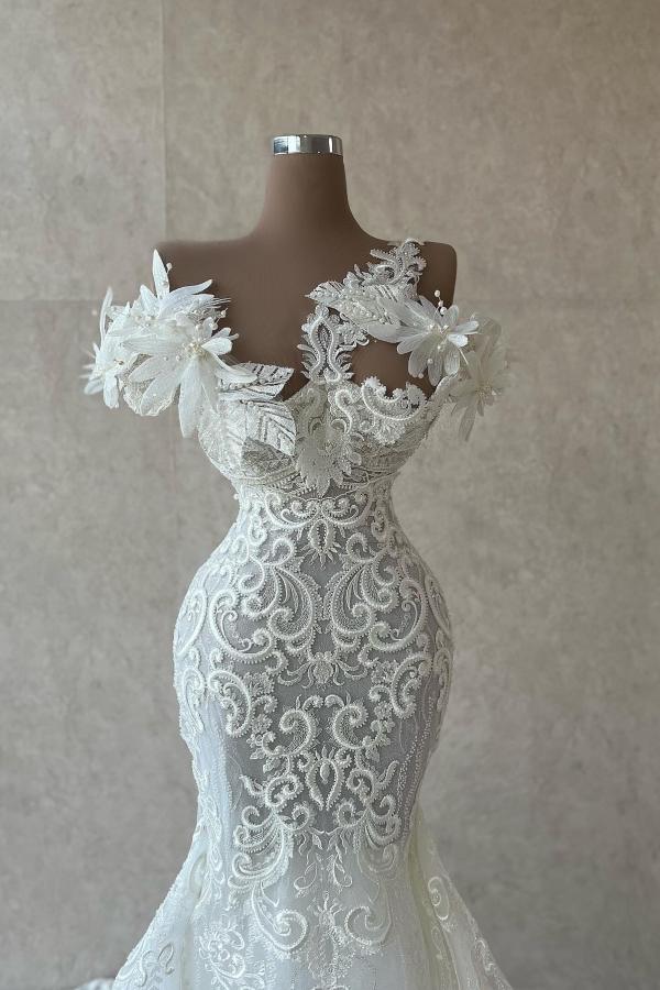 Long White Mermaid Off the Shoulder Lace Tulle Wedding Dresses with Flowers