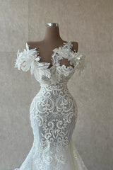 Long White Mermaid Off the Shoulder Lace Tulle Wedding Dresses with Flowers