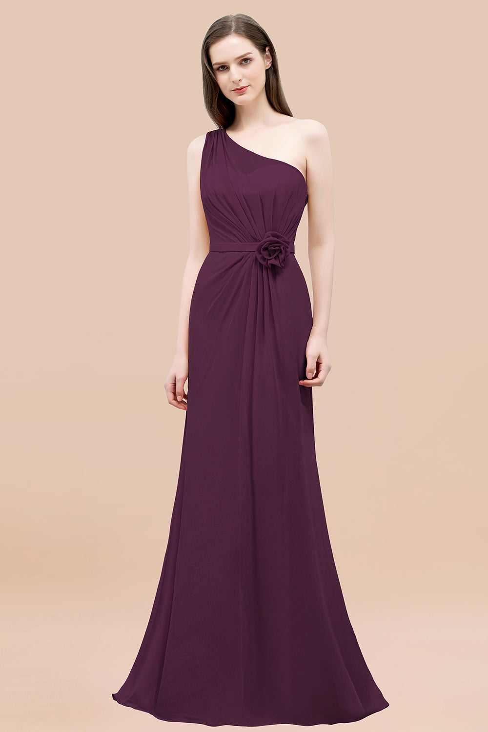 Mermaid Chiffon One Shoulder Sleeveless Ruffled Floor Length Bridesmaid Dresses with Flower
