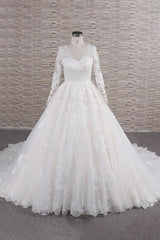 Elegant Plue Size V-neck A-line Tulle Lace Appliques Wedding Dress with Sleeves