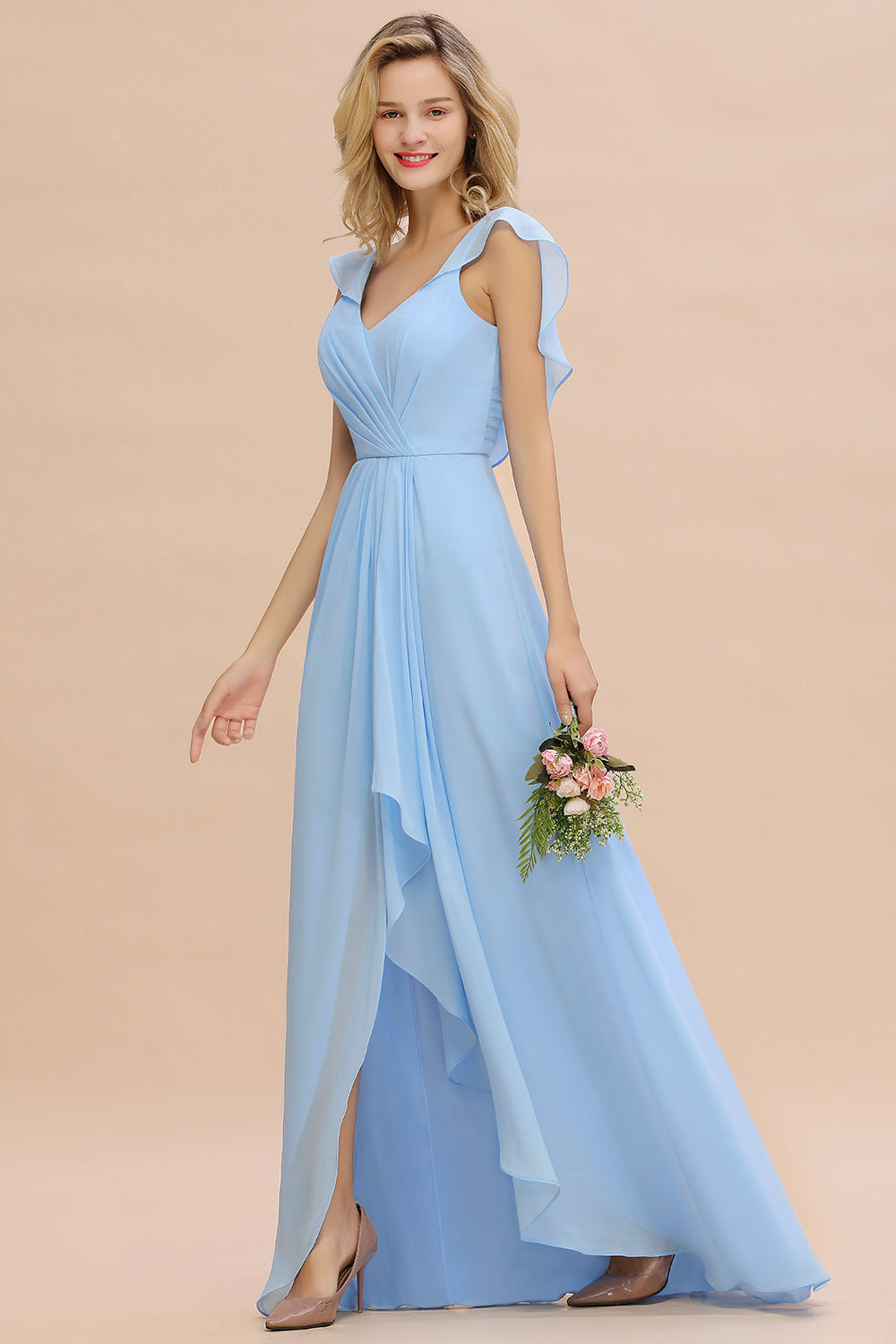 Simple High Low A-line V-Neck Ruffles Chiffon Bridesmaid Dress