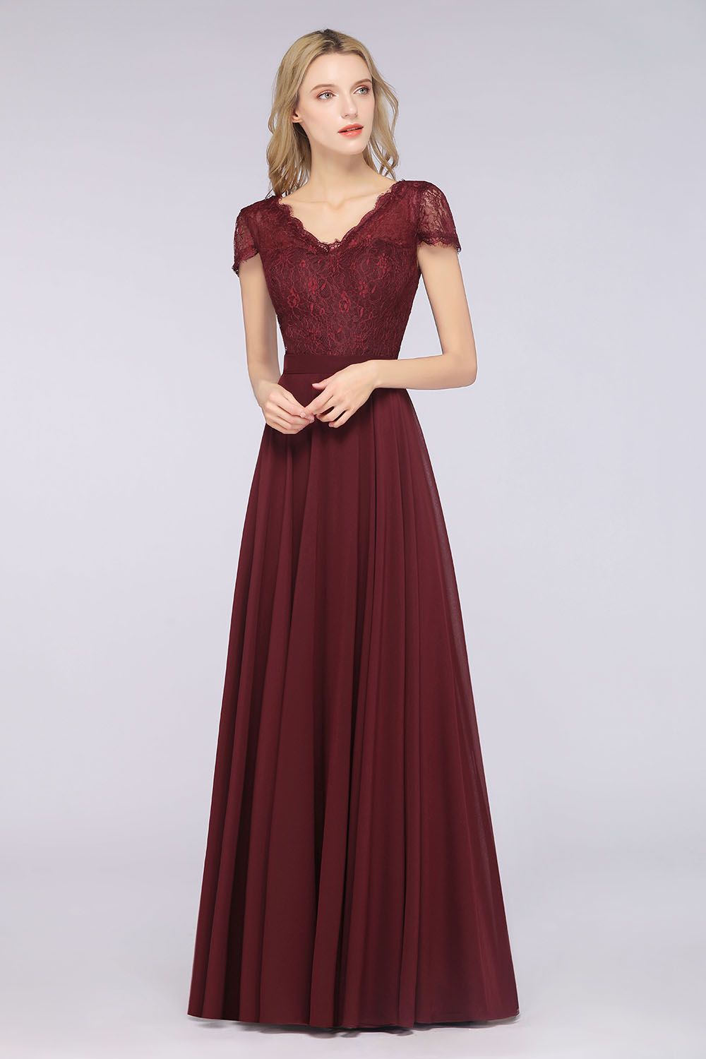 A-Line Chiffon Lace V-Neck Cap-Sleeves Floor Length Bridesmaid Dress