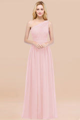 Elegant A-Line Chiffon One Shoulder Sleeveless Ruffles Floor Length Bridesmaid Dresses