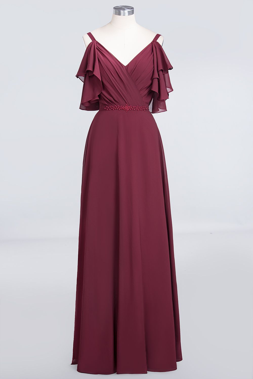 A-Line Chiffon V-Neck Straps Sleeveless Ruffles Floor Length Bridesmaid Dress with Pearls