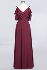 A-Line Chiffon V-Neck Straps Sleeveless Ruffles Floor Length Bridesmaid Dress with Pearls