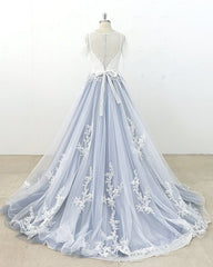 Blue Gray Tulle Long A-line Lace Short Sleeve Beach Wedding Dress