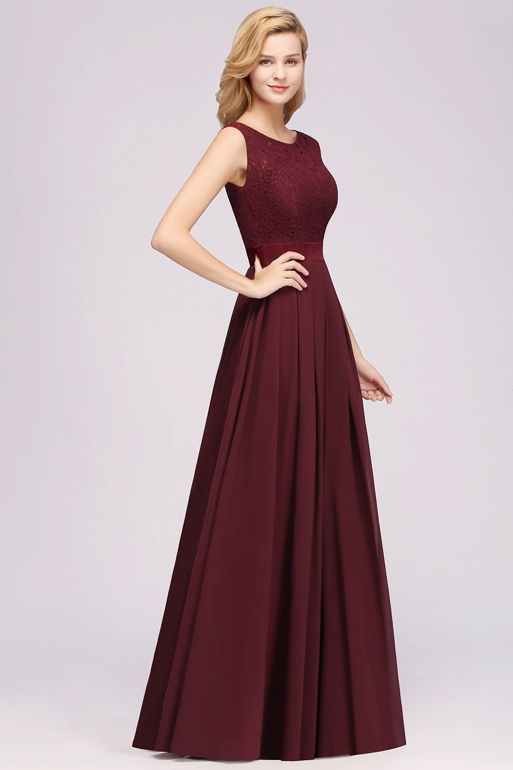 A-line Chiffon Lace Jewel Sleeveless Ruffles Floor Length Bridesmaid Dress