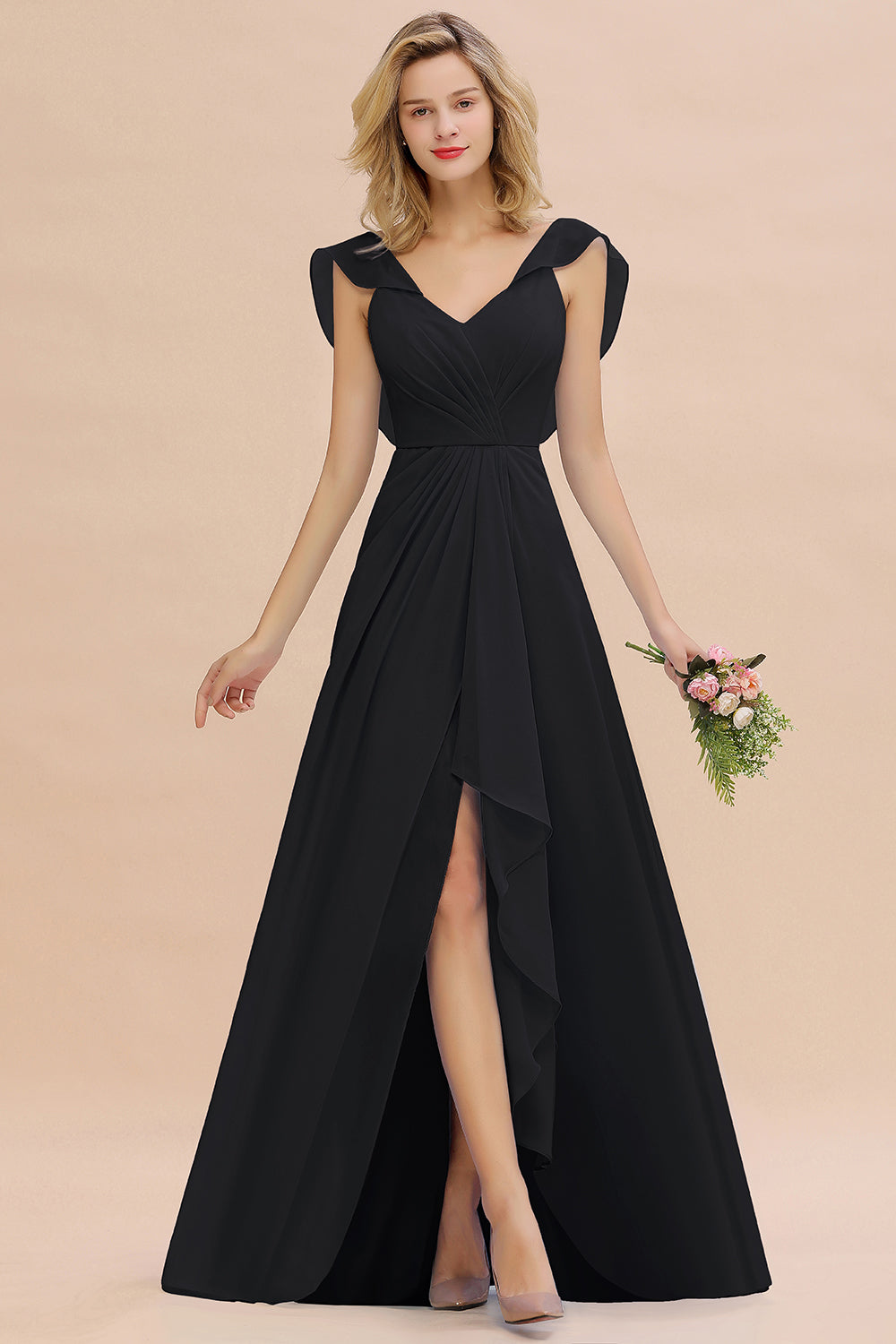 Simple High Low A-line V-Neck Ruffles Chiffon Black Bridesmaid Dress