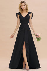 Simple High Low A-line V-Neck Ruffles Chiffon Black Bridesmaid Dress
