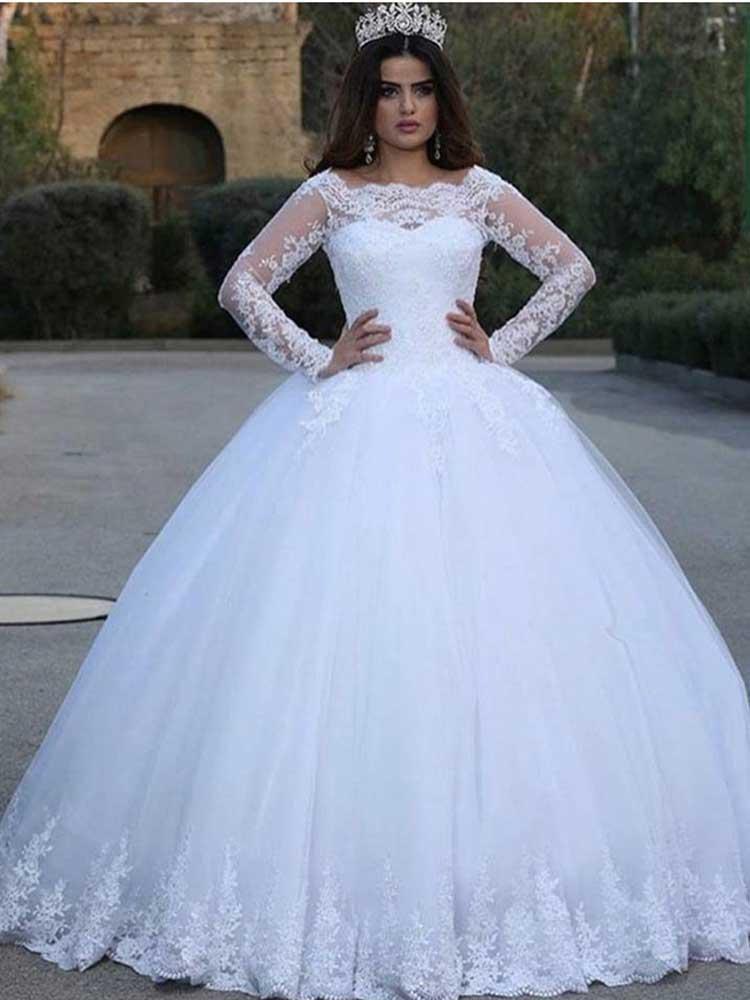 Long Sleeves Ball Gown White Lace Appliques Wedding Dresses