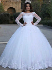 Long Sleeves Ball Gown White Lace Appliques Wedding Dresses