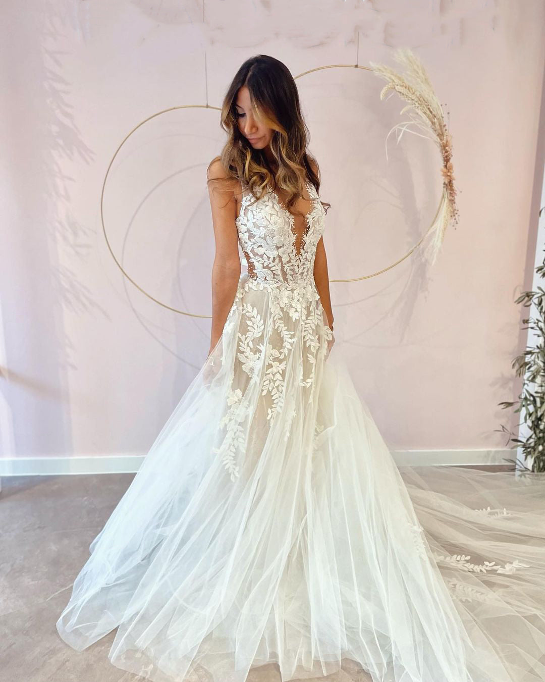Long A-Line Deep V-neck Appliques Lace Tulle Backless Floor Length Wedding Dress