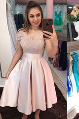 A-Line V-neck Off the Shoulder Appliques Lace Tea-length Satin Party Dress