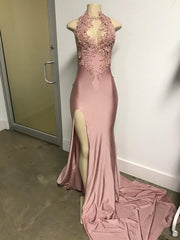 Long Mermaid Sleeveless Lace Prom Dresses with Front Slit