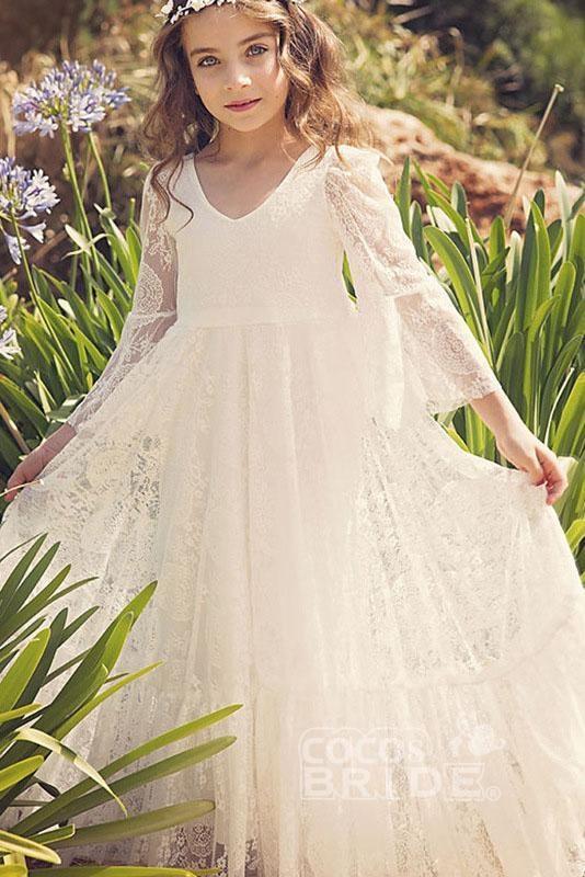 White A-line Scoop Neck Long Sleeves Dress Flower Girl Dress