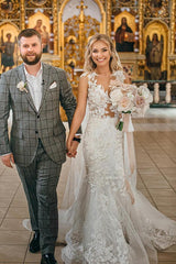 Elegant Long Mermaid Jewel Tulle Lace Wedding Dress