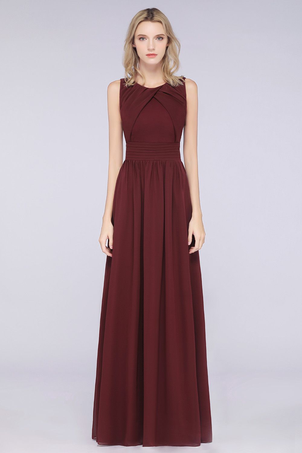 A-Line Chiffon Round-Neck Sleeveless Floor Length Bridesmaid Dress with Ruffles