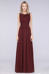 A-Line Chiffon Round-Neck Sleeveless Floor Length Bridesmaid Dress with Ruffles
