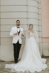 Simple Long A-line Sweetheart Lace Tulle Backless Wedding Dresses